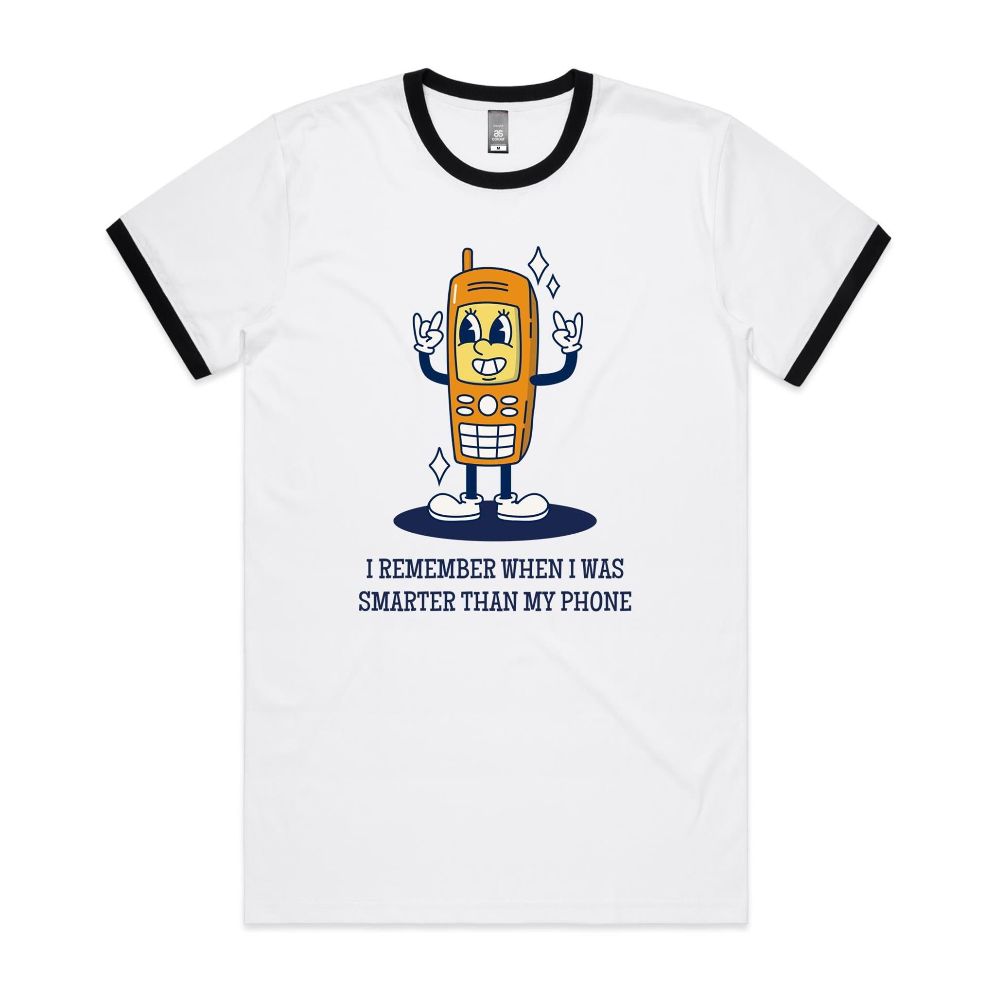 I Remember When I Was Smarter Than My Phone - Staple Ringer Tee White Black Ringer T-Shirt Printed In Australia Tech