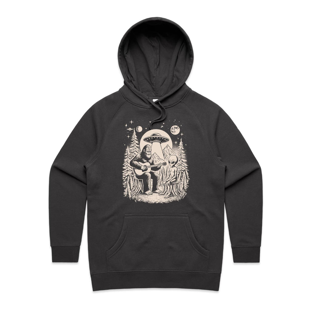 Alien And Bigfoot Play Guitar - Womens Hoodie Coal Womens Hoodie Music Printed In Australia Sci Fi