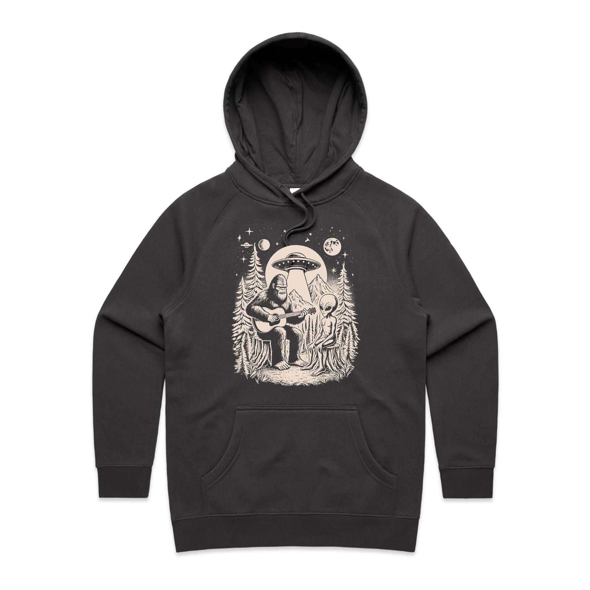 Alien And Bigfoot Play Guitar - Womens Hoodie Coal Womens Hoodie Music Printed In Australia Sci Fi