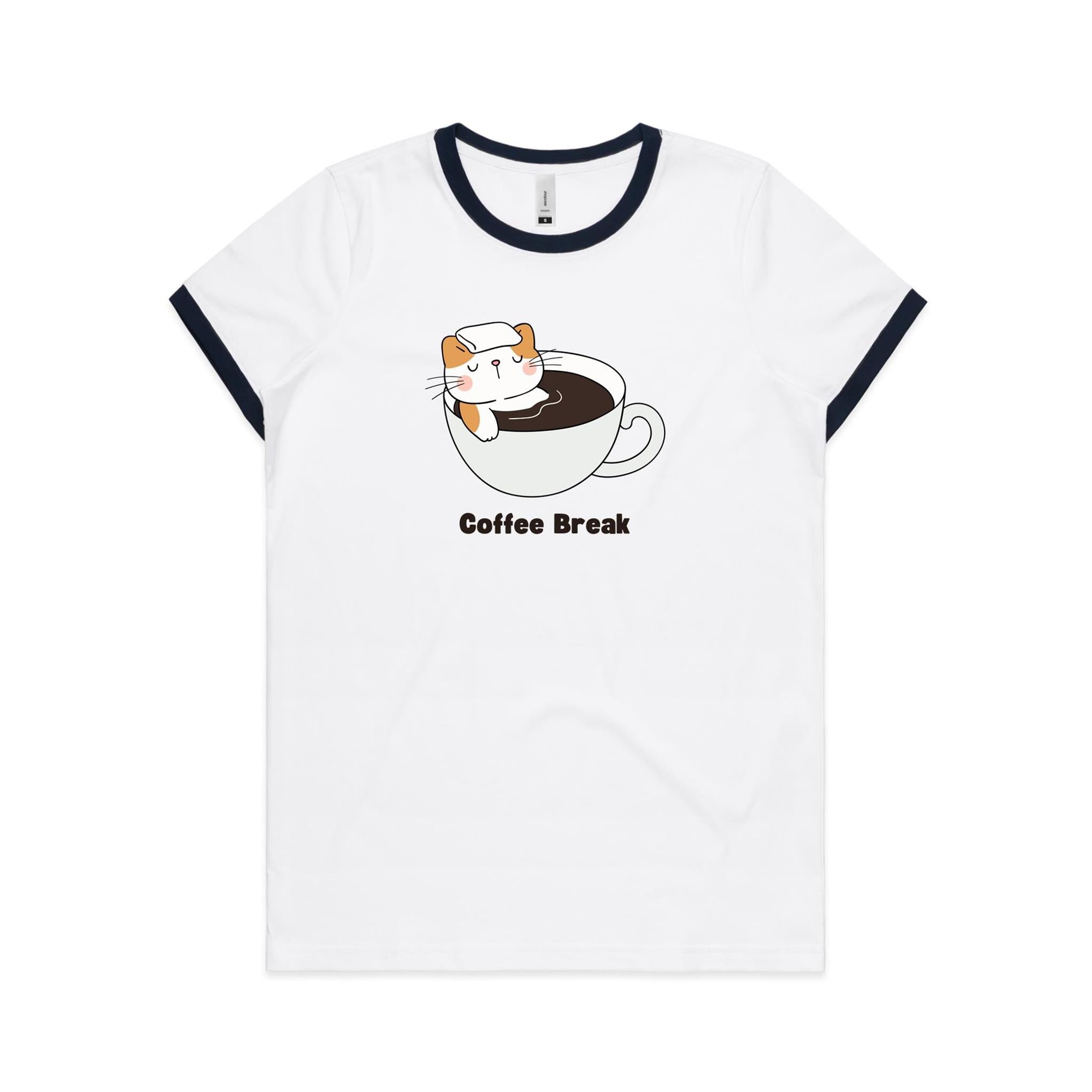 Cat Coffee Break - Women's Ringer Tee White Navy Womens Ringer T-shirt animal Coffee Printed In Australia