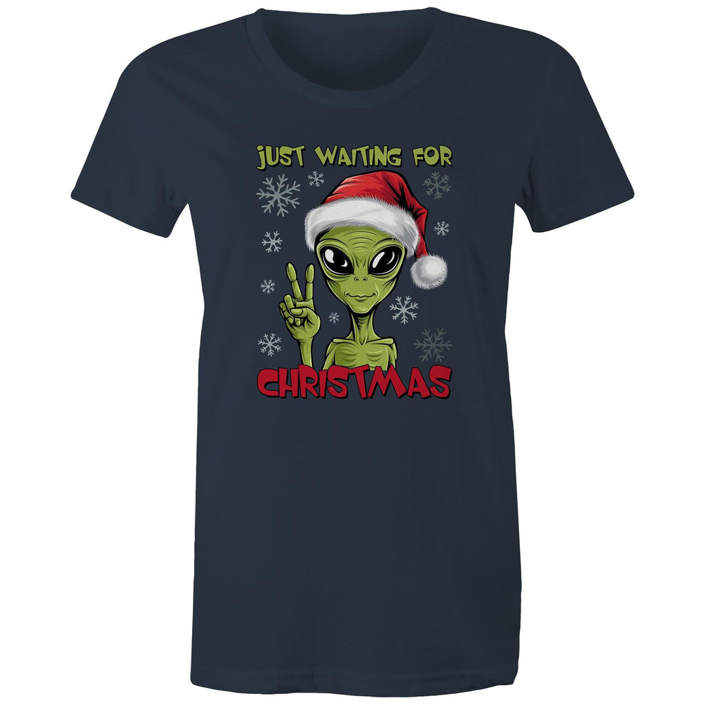 Just Waiting For Christmas, Alien - Womens T-shirt Navy Womens Christmas T-shirt Christmas Printed In Australia