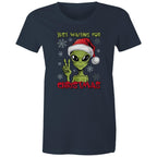 Just Waiting For Christmas, Alien - Womens T-shirt Navy Womens Christmas T-shirt Christmas Printed In Australia