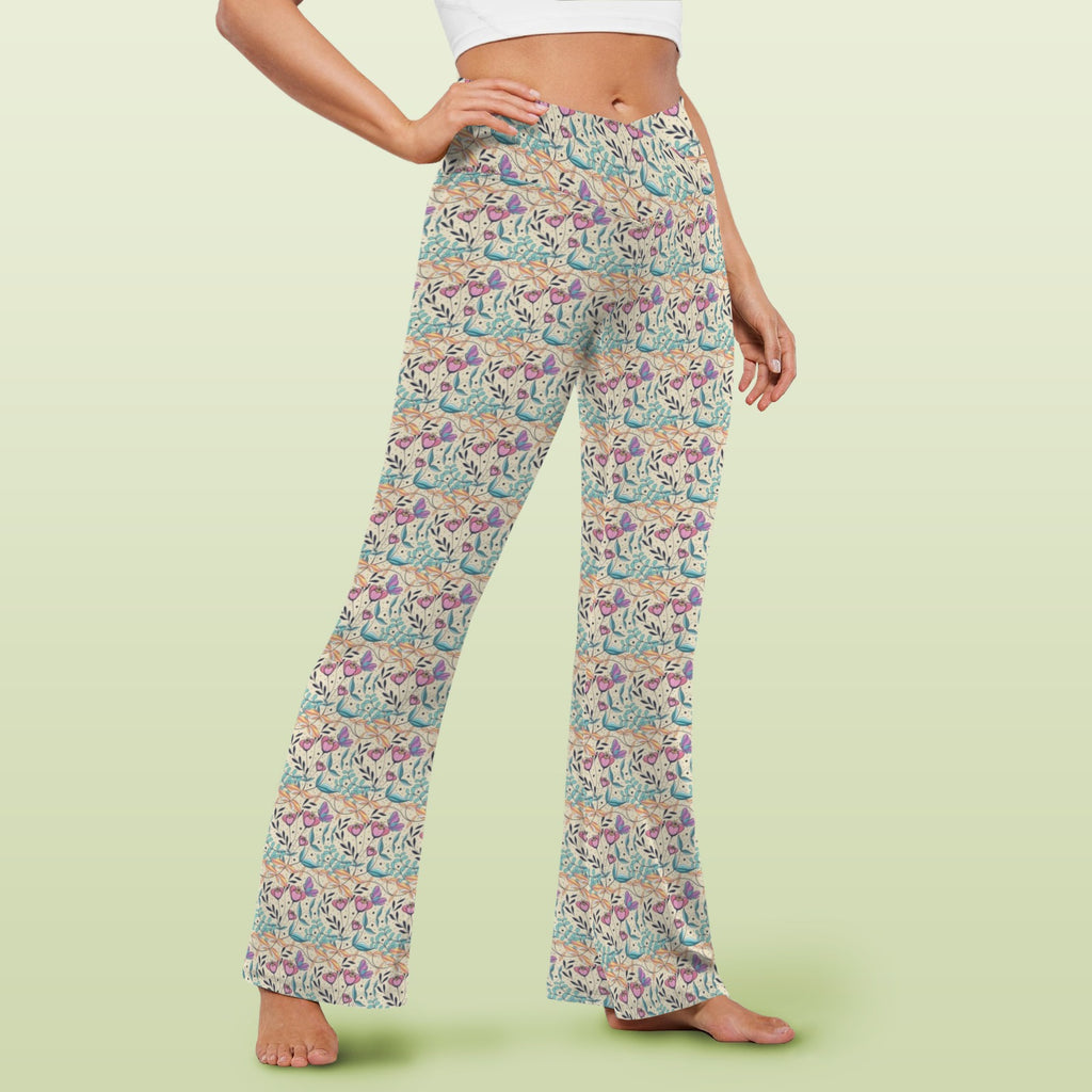 Butterfly Floral High Waist Crossover Tummy Control Flare Leggings High Waist Flare Leggings Plants Printed Offshore