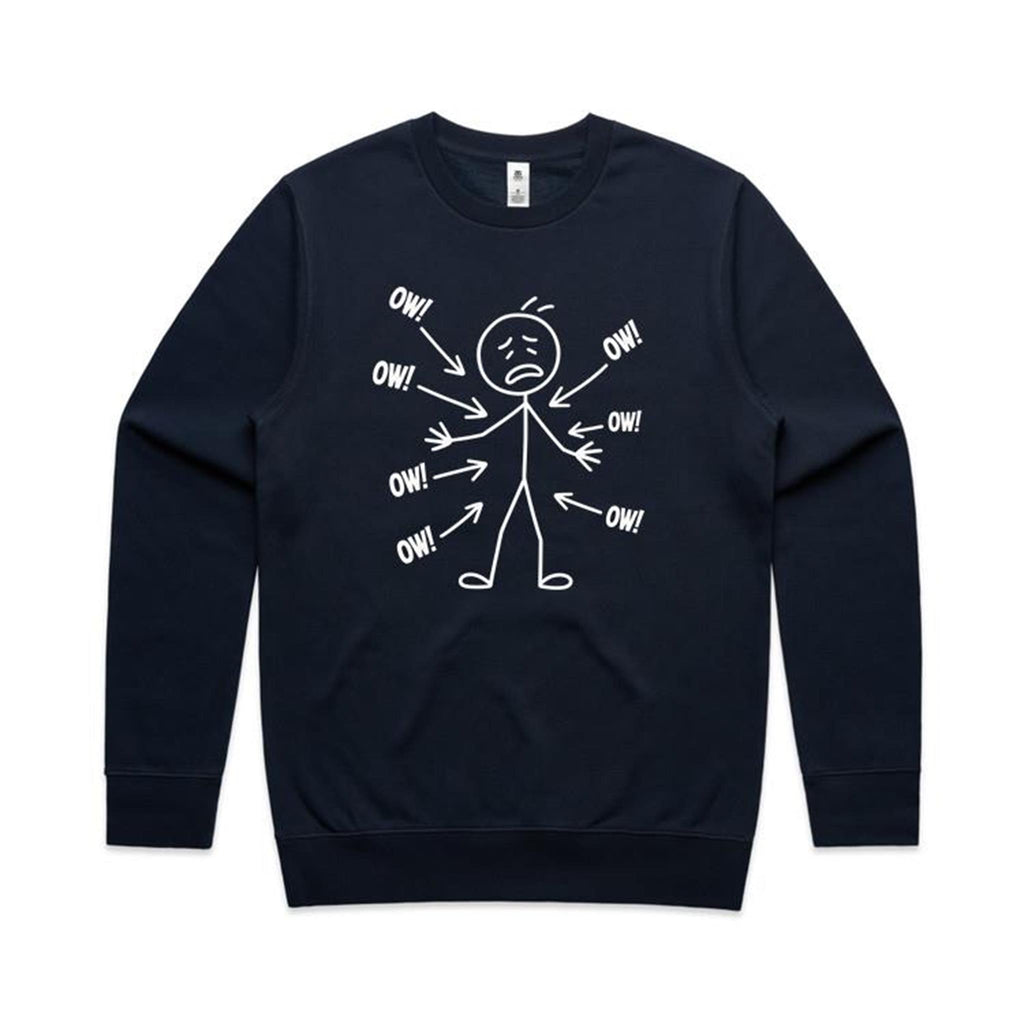 Ow! Everything Hurts Stick Figure AS Colour Stencil Crew Sweatshirt Unisex Navy Sweatshirt Printed In Australia