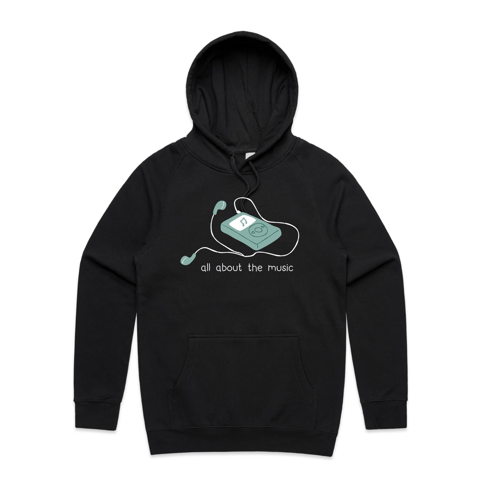 All About The Music, Earbuds - Mens Hoodie Black Mens Hoodie Music Printed In Australia