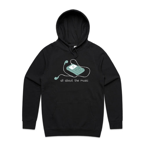 All About The Music, Earbuds - Mens Hoodie Black Mens Hoodie Music Printed In Australia