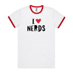 I Love Nerds, Red Heart - Staple Ringer Tee White Red Ringer T-Shirt Printed In Australia