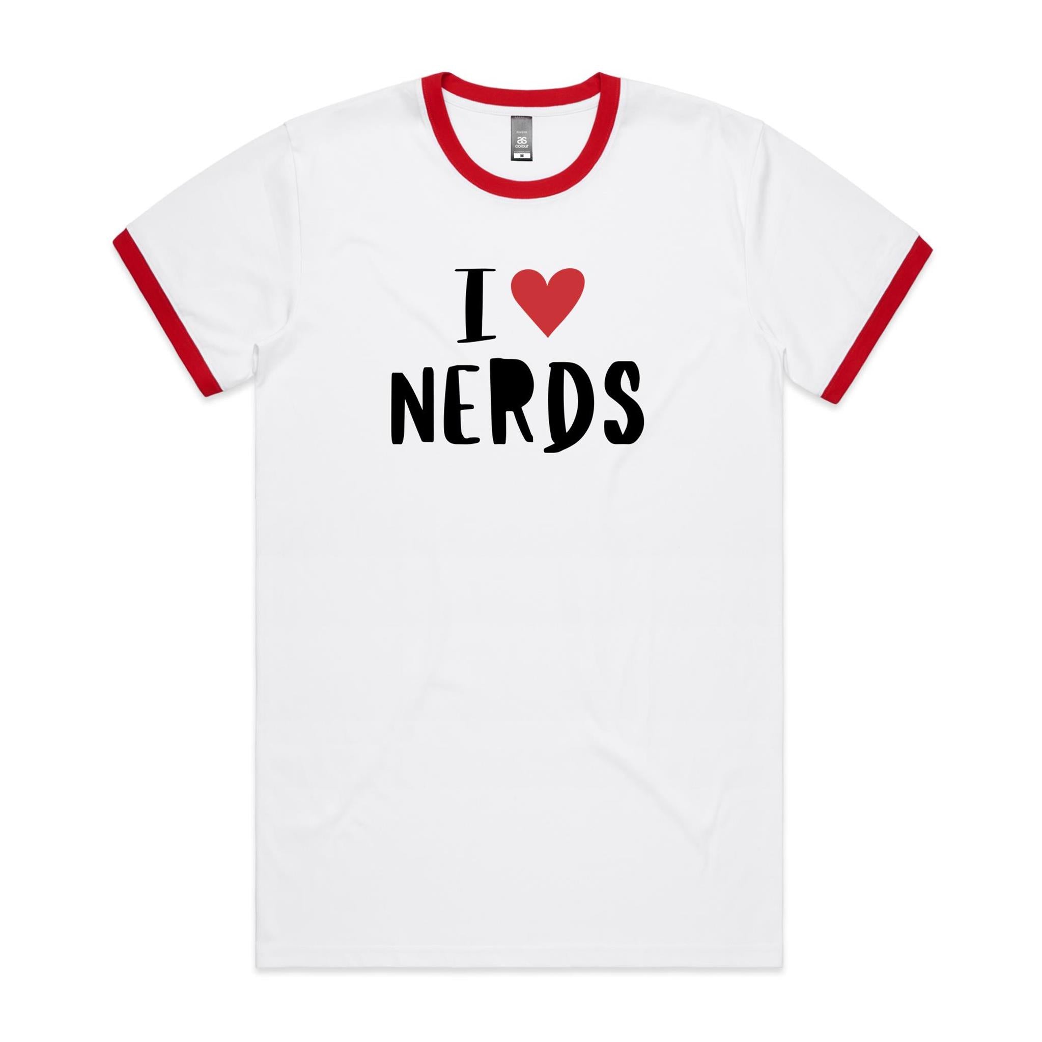 I Love Nerds, Red Heart - Staple Ringer Tee White Red Ringer T-Shirt Printed In Australia