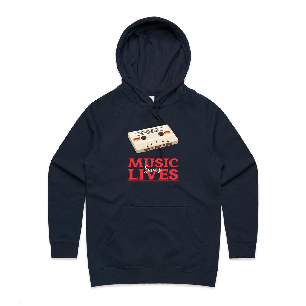 Music Saves Lives, Cassette Tape - Womens Hoodie Navy Womens Hoodie Music Printed In Australia Retro