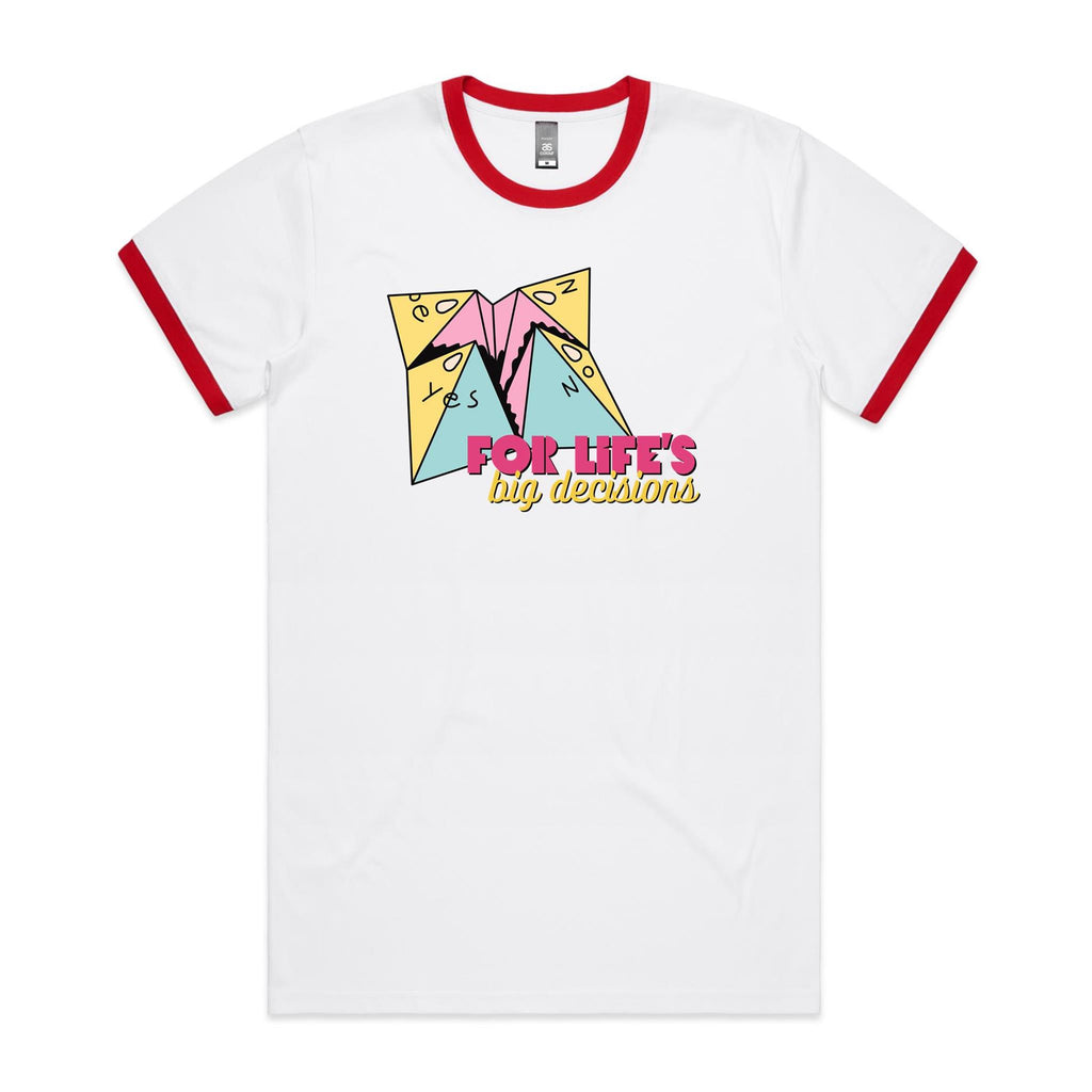 For Life's Big Decisions, Fortune Teller - Staple Ringer Tee White Red Ringer T-Shirt Games Printed In Australia