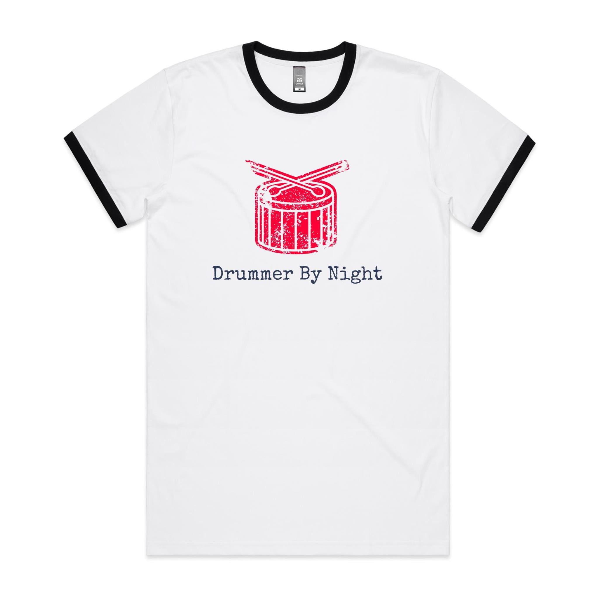 Drummer By Night - Staple Ringer Tee White Black Ringer T-Shirt Music Printed In Australia