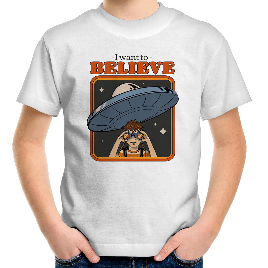 I Want To Believe, Alien UFO - Kids Youth T-Shirt White Kids Youth T-shirt Printed In Australia Sci Fi