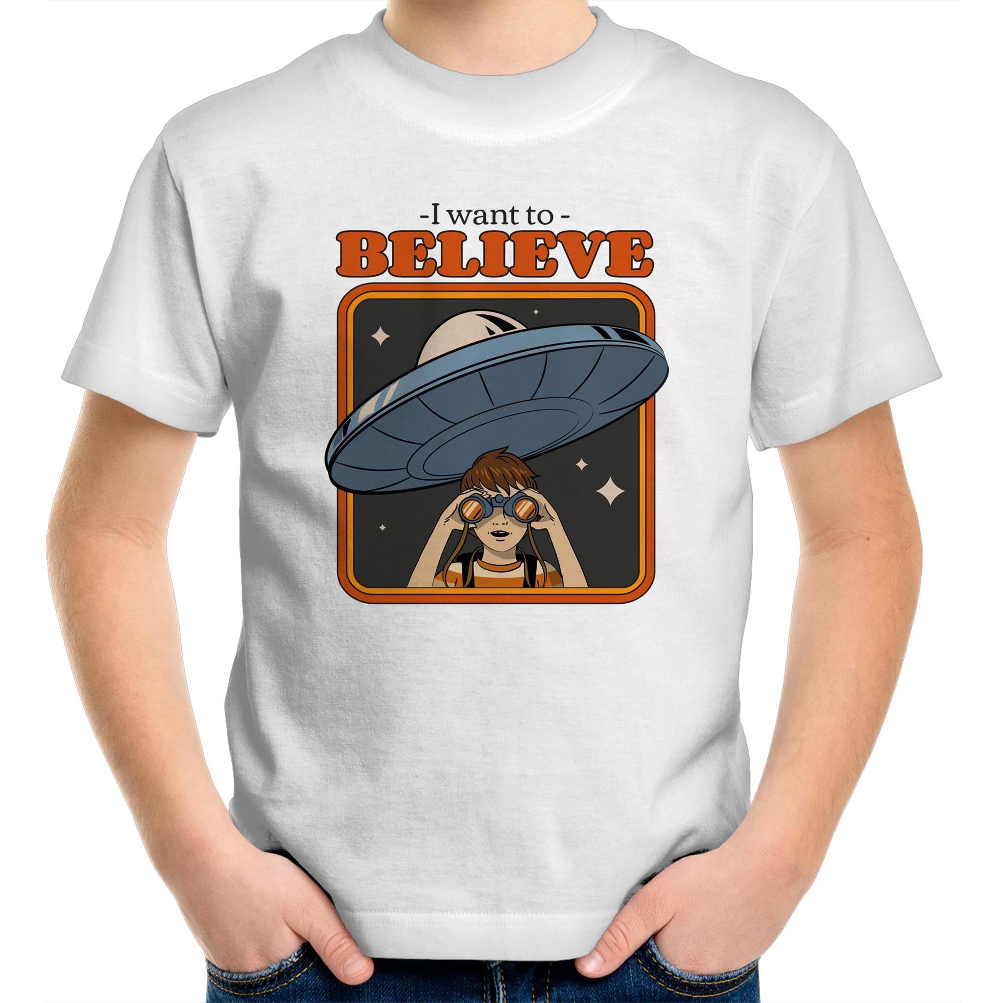 I Want To Believe, Alien UFO - Kids Youth T-Shirt White Kids Youth T-shirt Printed In Australia Sci Fi