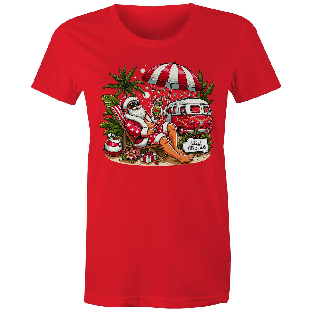 Santa By The Beach - Womens T-shirt Red Womens Christmas T-shirt Christmas Printed In Australia