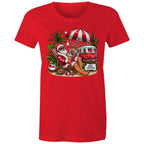Santa By The Beach - Womens T-shirt Red Womens Christmas T-shirt Christmas Printed In Australia
