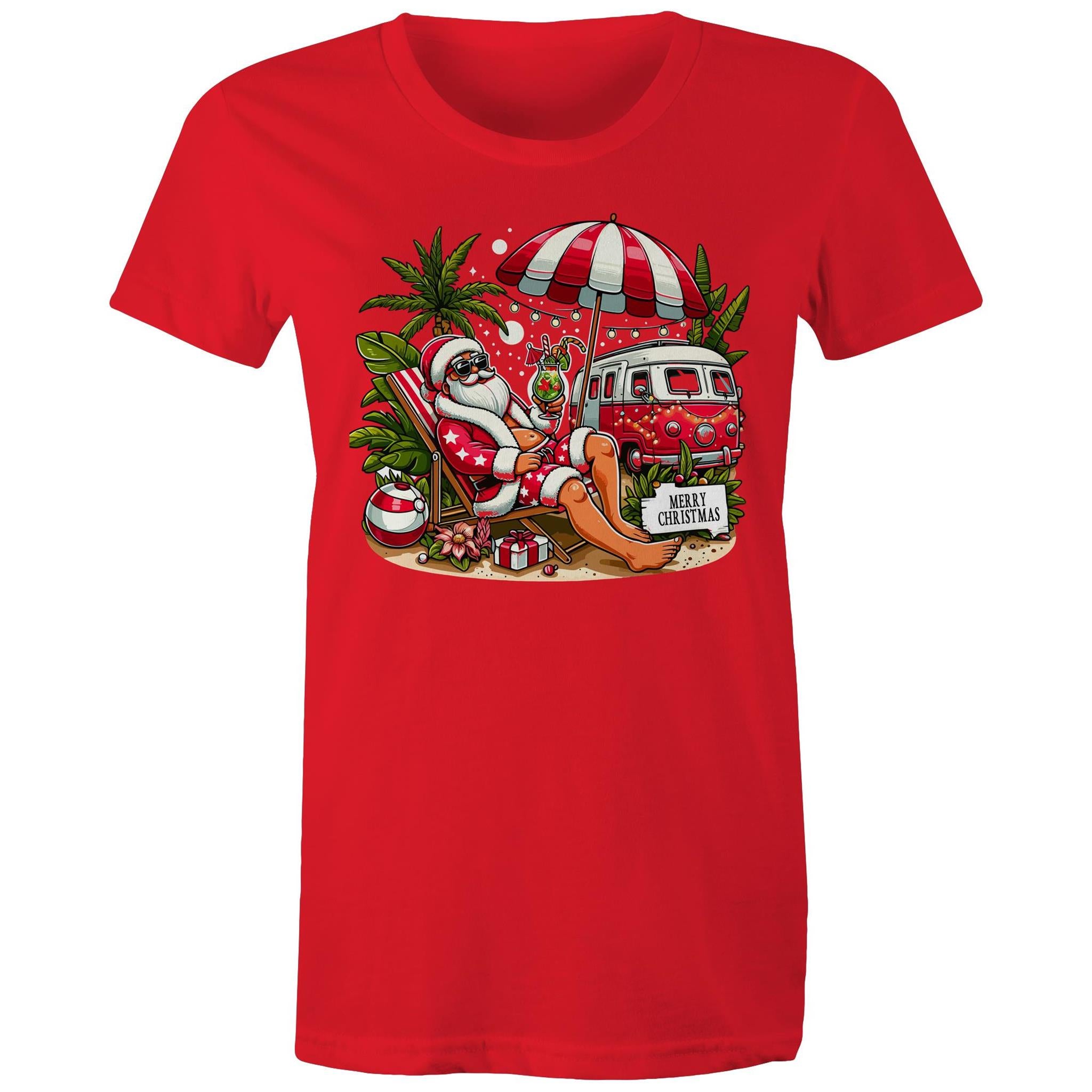 Santa By The Beach - Womens T-shirt Red Womens Christmas T-shirt Christmas Printed In Australia