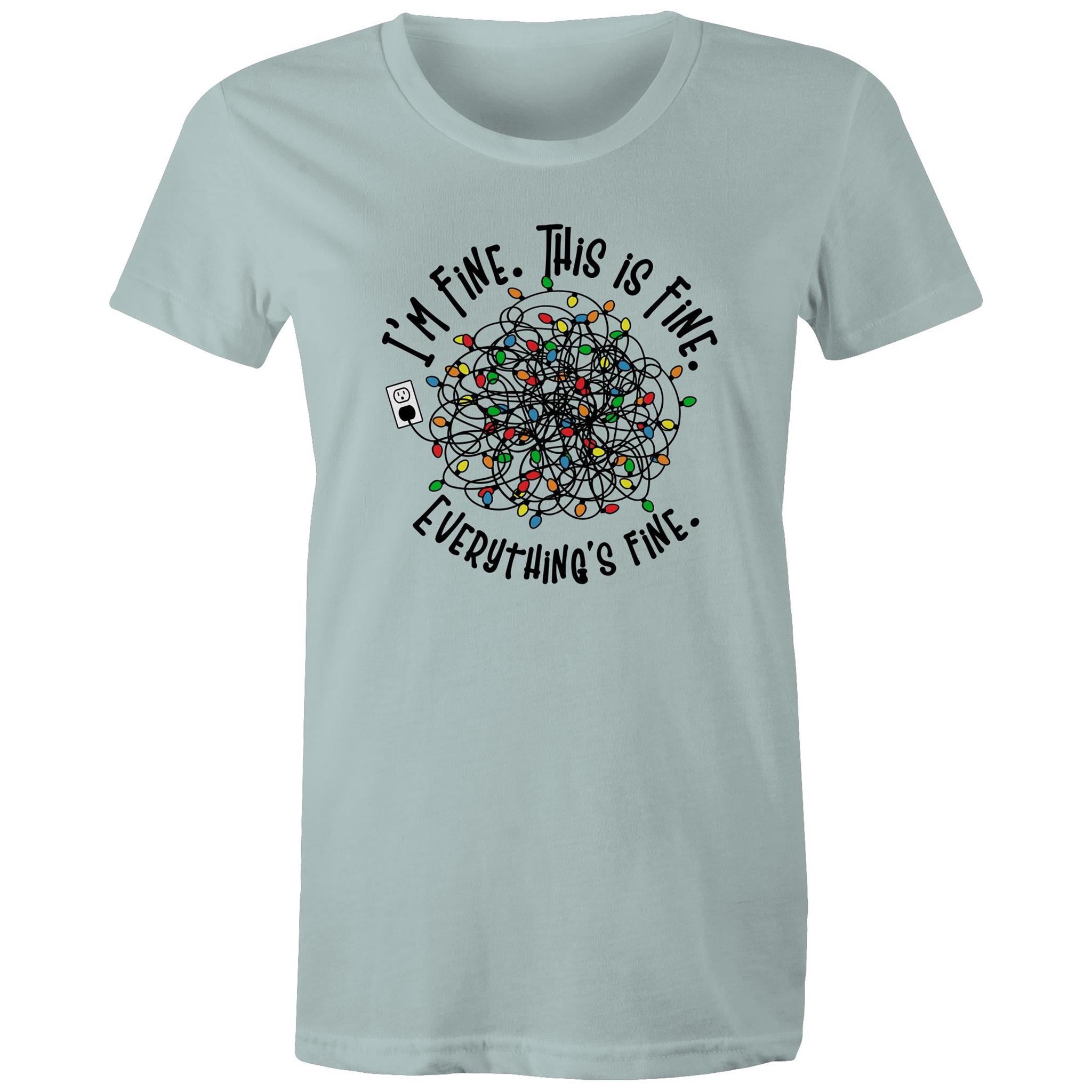 Tangled Christmas Lights, I'm Fine, This Is Fine, Everything Is Fine - Womens T-shirt Pale Blue Womens Christmas T-shirt Christmas Printed In Australia