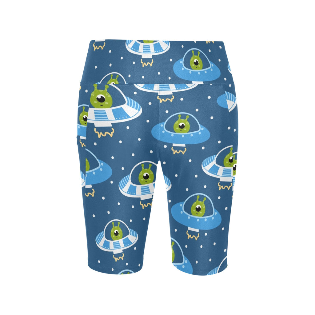 Cute Aliens in UFOs Women's Bike Shorts With Side Pockets Women's Bike Shorts Printed Offshore Sci Fi
