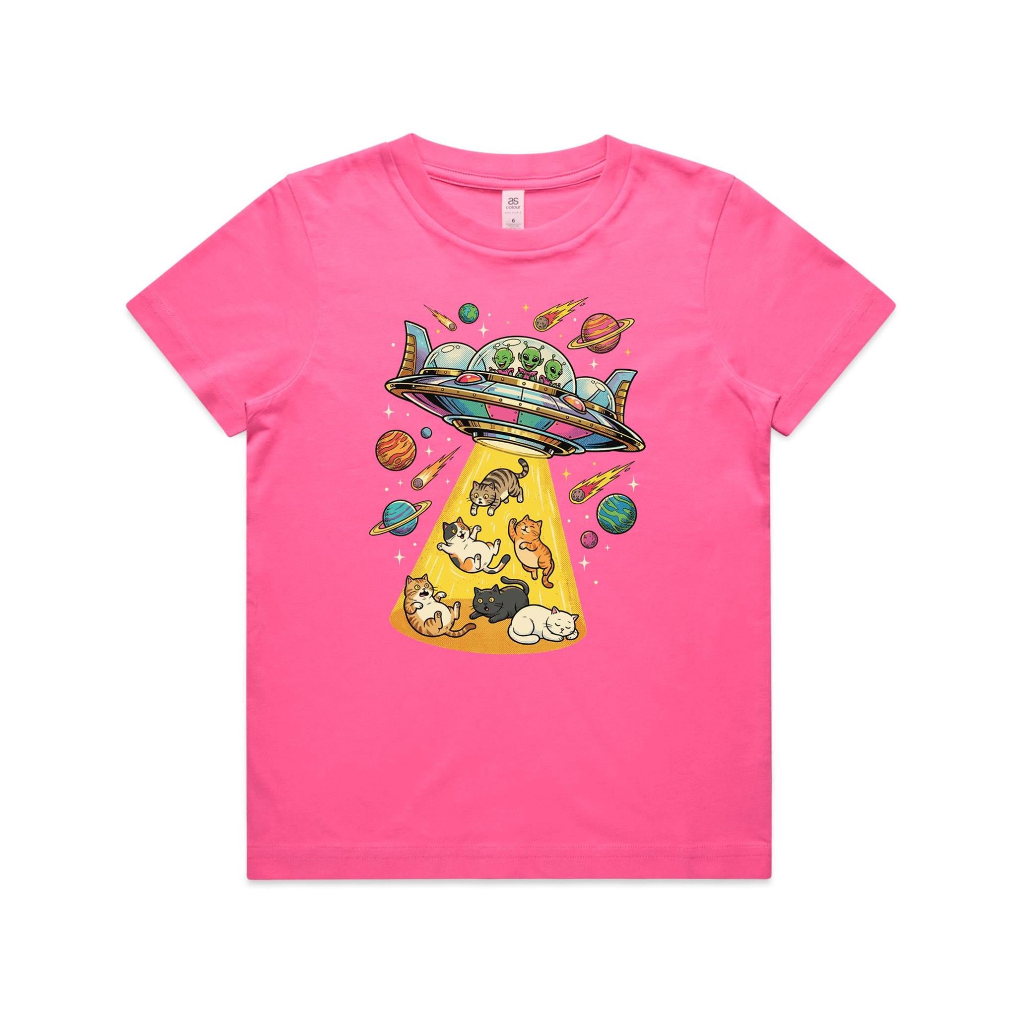 UFO Cat Abduction - Kid's AS Colour T-shirt Charity pink Kids Youth T-shirt animal Printed In Australia Sci Fi