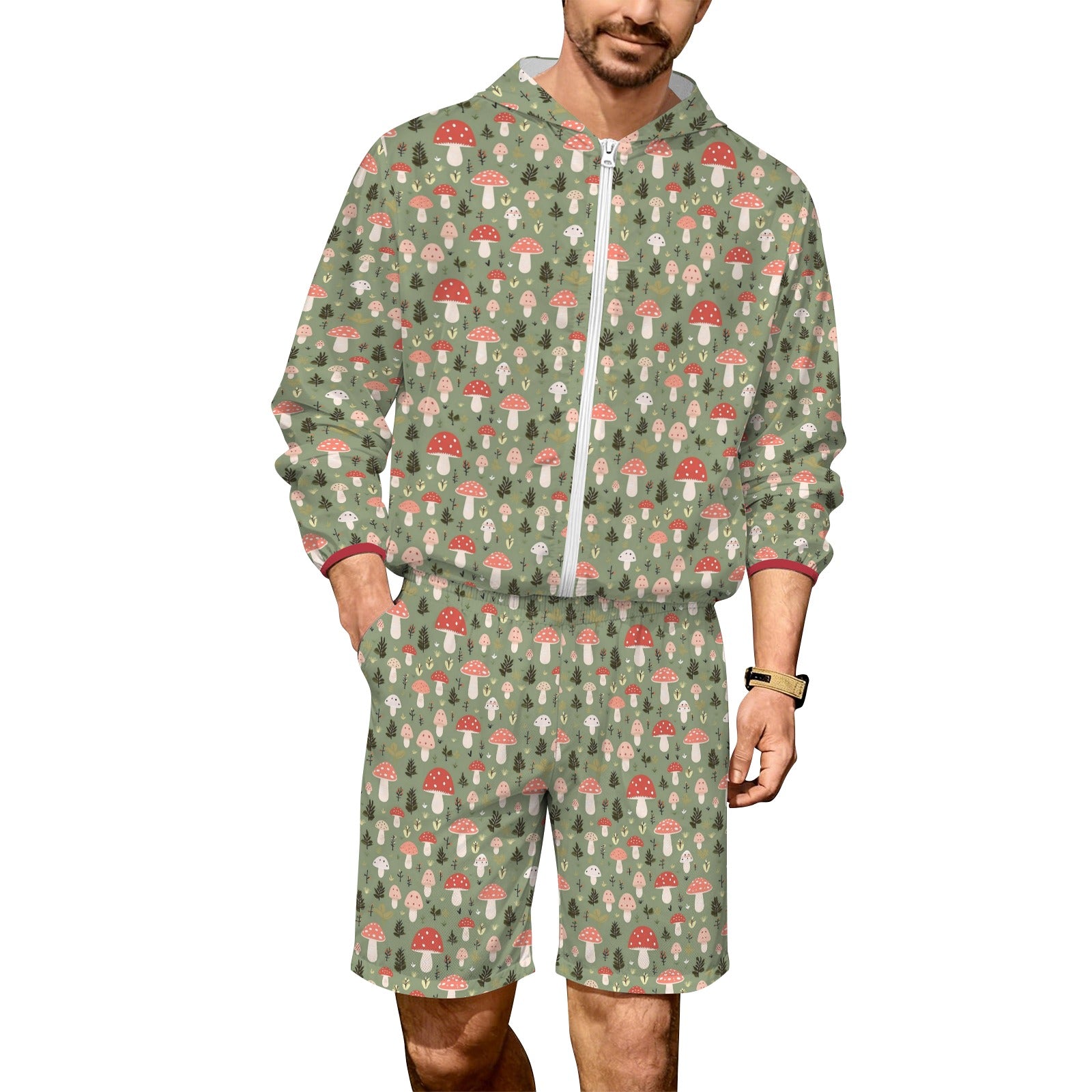 Mushroom Garden Men's Lightweight Sun Hoodie & Shorts Set 4XL Men's Lightweight Sun Hoodie & Shorts Plants Printed Offshore