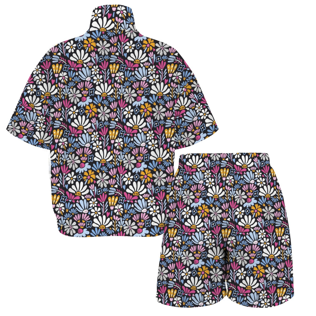 Graphic Flowers On Black Women's Windbreaker Short Set Women's Windbreaker Short Set Plants Printed Offshore