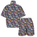 Graphic Flowers On Black Women's Windbreaker Short Set Women's Windbreaker Short Set Plants Printed Offshore