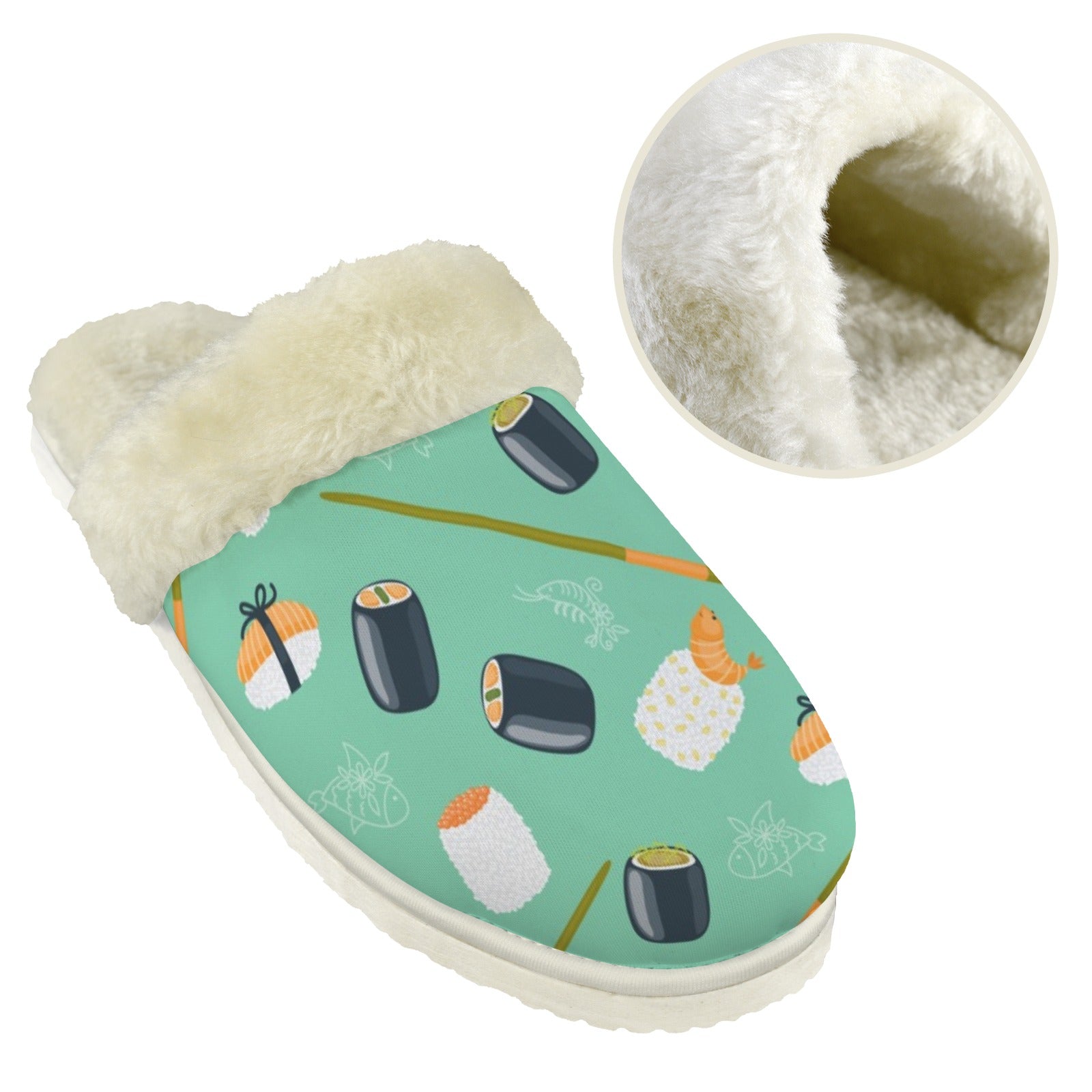 Sushi Women's Fur Trim Thick-Sole Indoor Slippers Women's Fur Trimmed Slippers Food Printed Offshore
