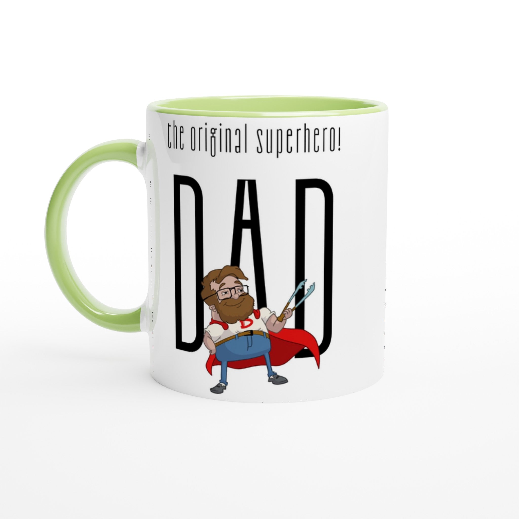 Dad, The Original Superhero - White 11oz Ceramic Mug with Colour Inside Ceramic Green Colour 11oz Mug comic Dad Globally Fulfilled