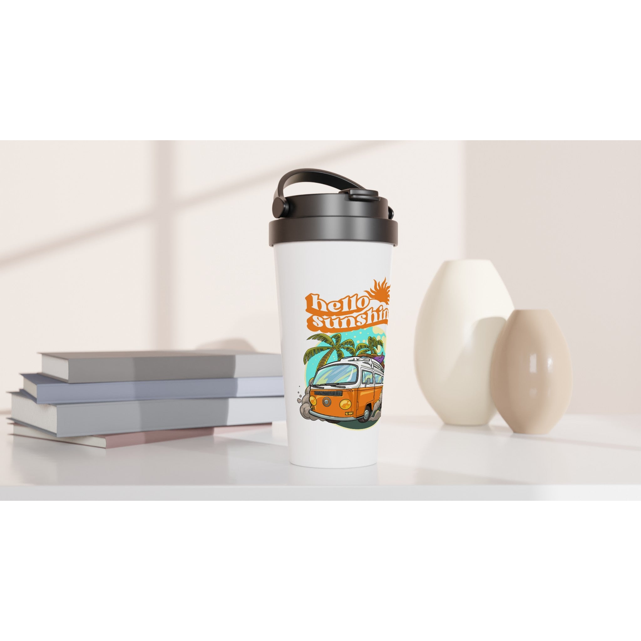 Hello Sunshine, Beach Van - White 15oz Stainless Steel Travel Mug Travel Mug Globally Fulfilled Retro Summer Surf