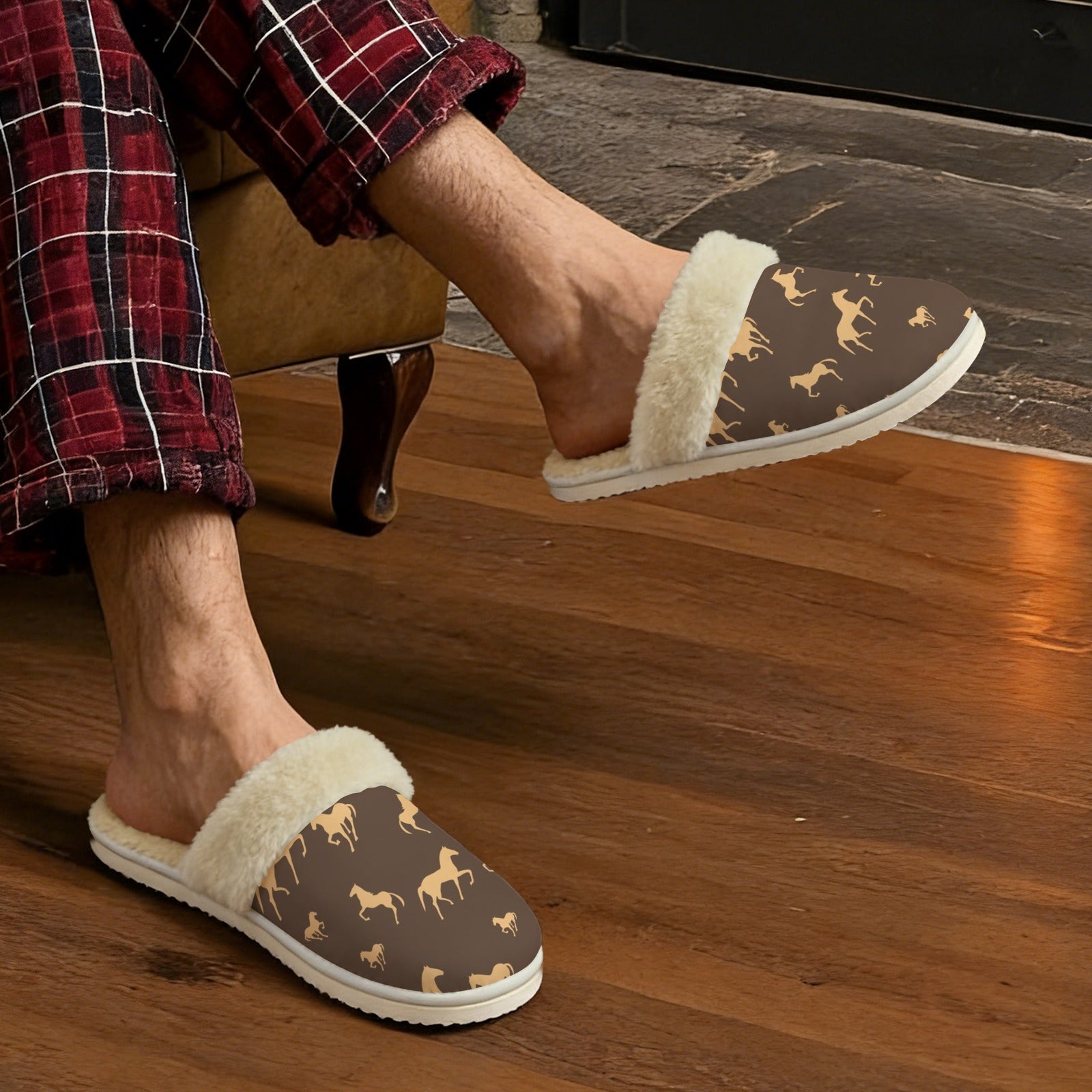 Horses Men's Fur Trim Thick-Sole Indoor Slippers Men's Fur Trimmed Slippers animal Printed Offshore
