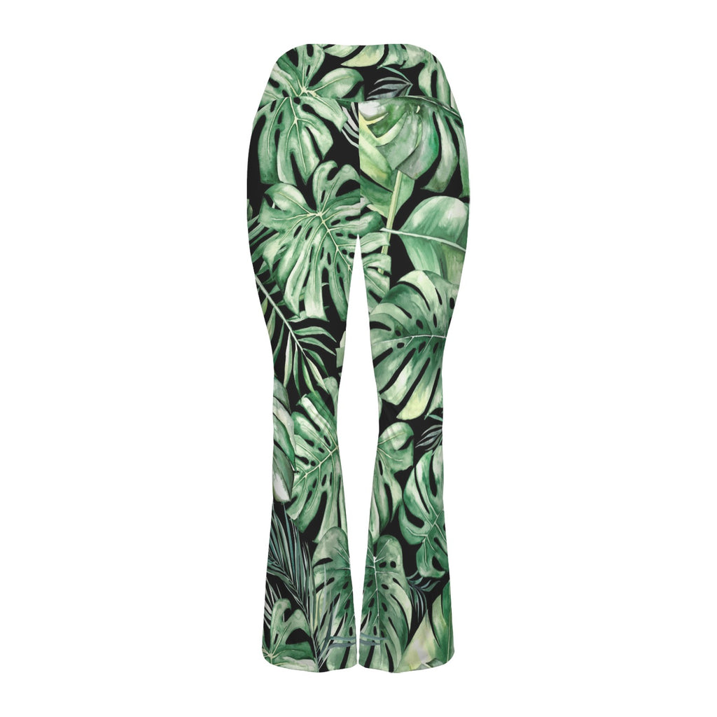 Jungle Leaves High Waist Crossover Tummy Control Flare Leggings High Waist Flare Leggings Plants Printed Offshore