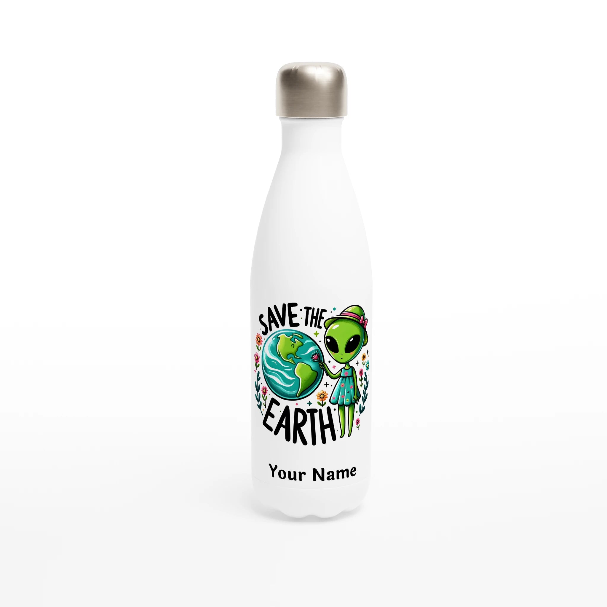 Personalised - Save The Earth, Alien - White 17oz Stainless Steel Water Bottle Default Title Personalised Water Bottle customise Environment Globally Fulfilled personalise Sci Fi