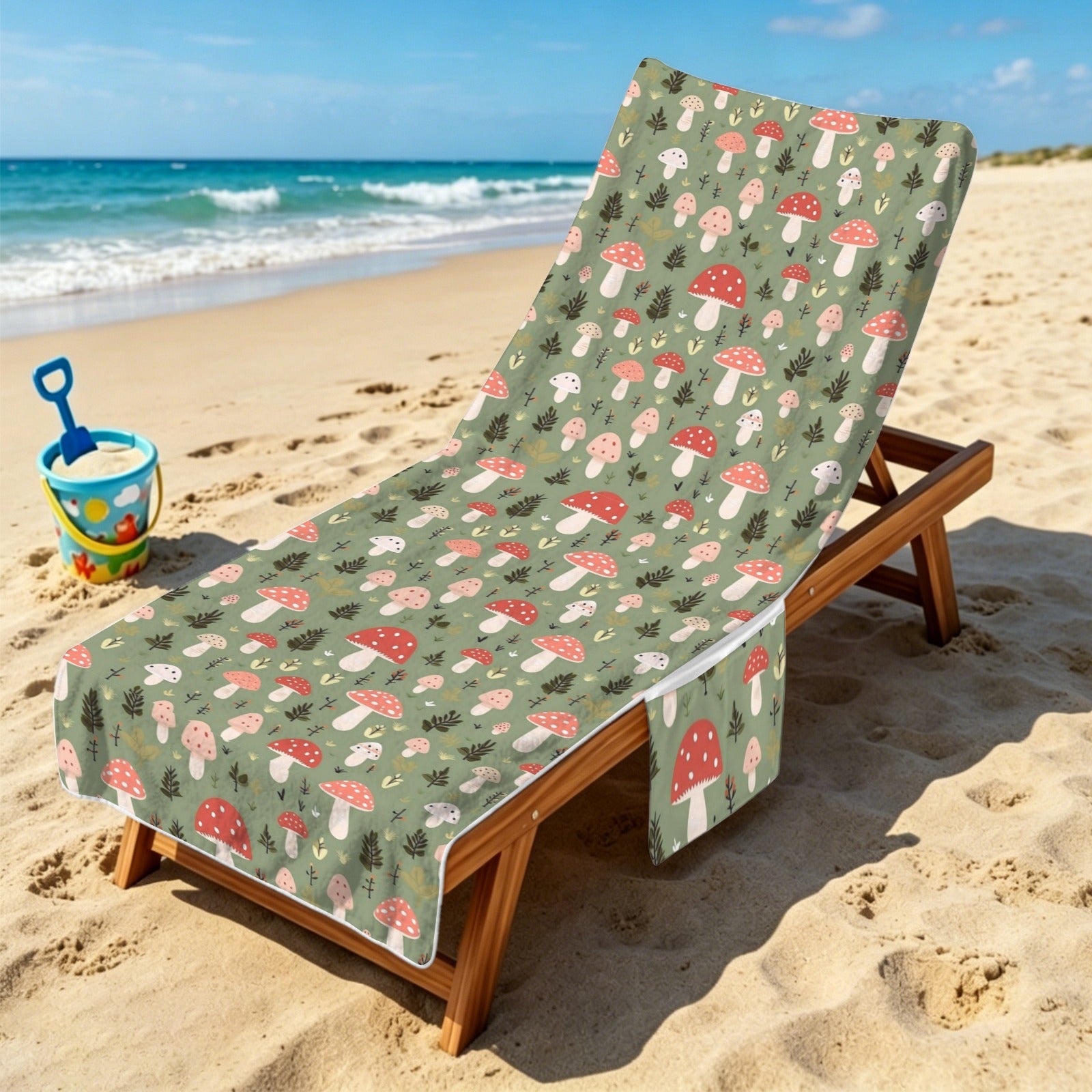 Mushroom Garden Beach Chair Towel Cover with Side Pockets