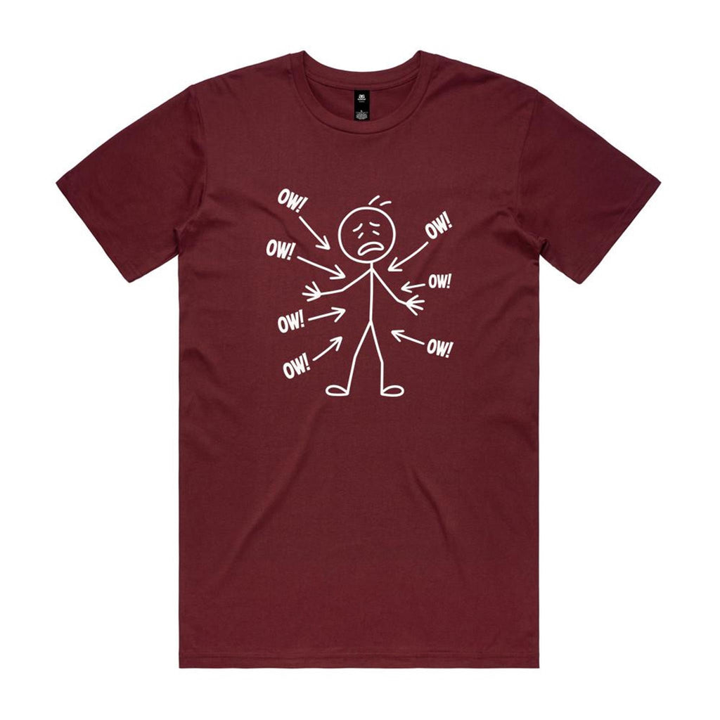 Ow! Everything Hurts Stick Figure Men's AS Colour T-shirt Burgundy Mens T-shirt Printed In Australia
