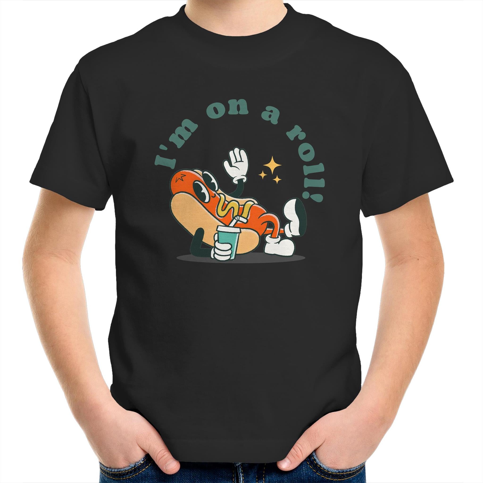 Hotdog, I'm On A Roll - Kids Youth T-Shirt Black Kids Youth T-shirt Food Printed In Australia