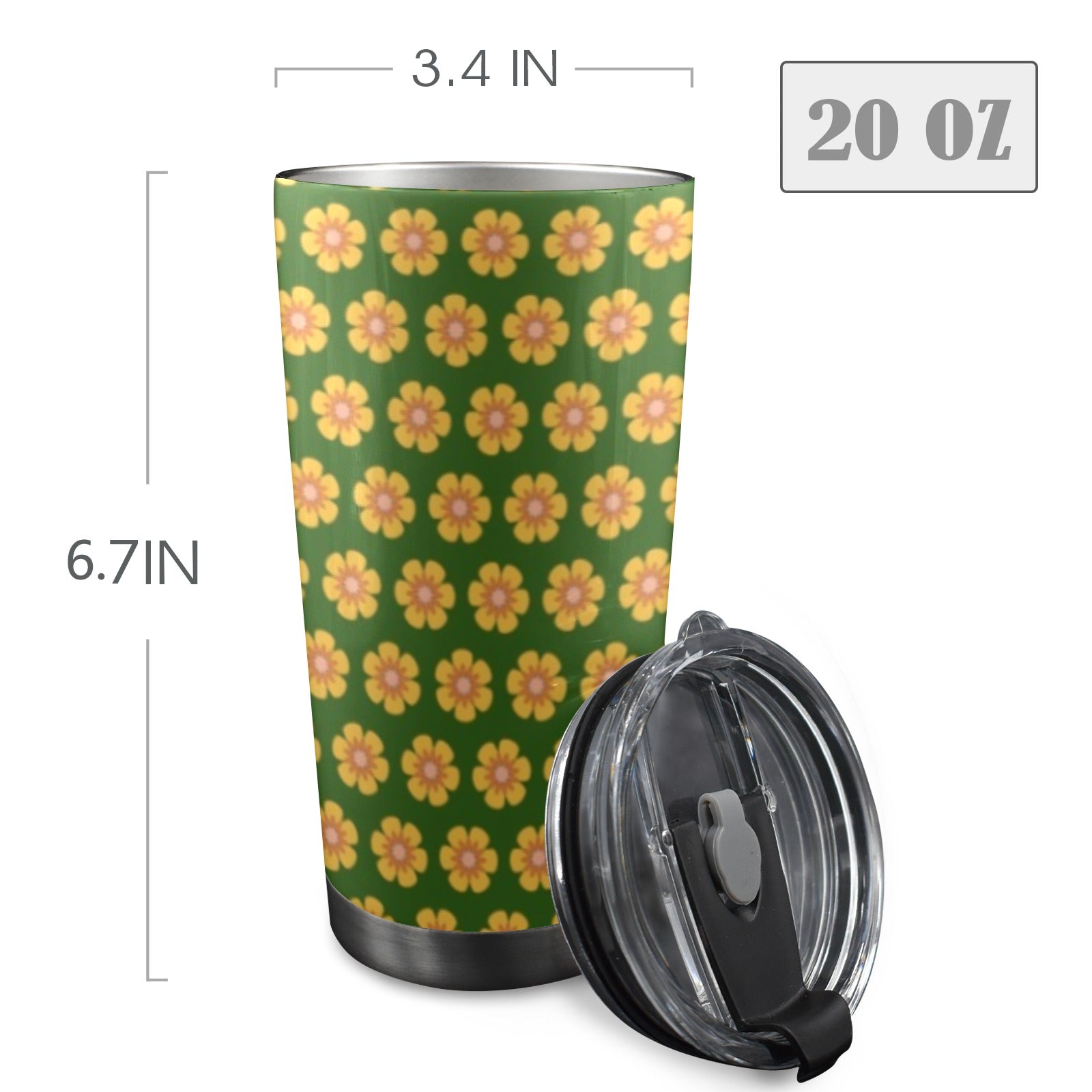 Yellow Flowers On Green 20oz Mobile Tumbler with Lid (Black Lock) 20oz Travel Mug Plants Printed Offshore