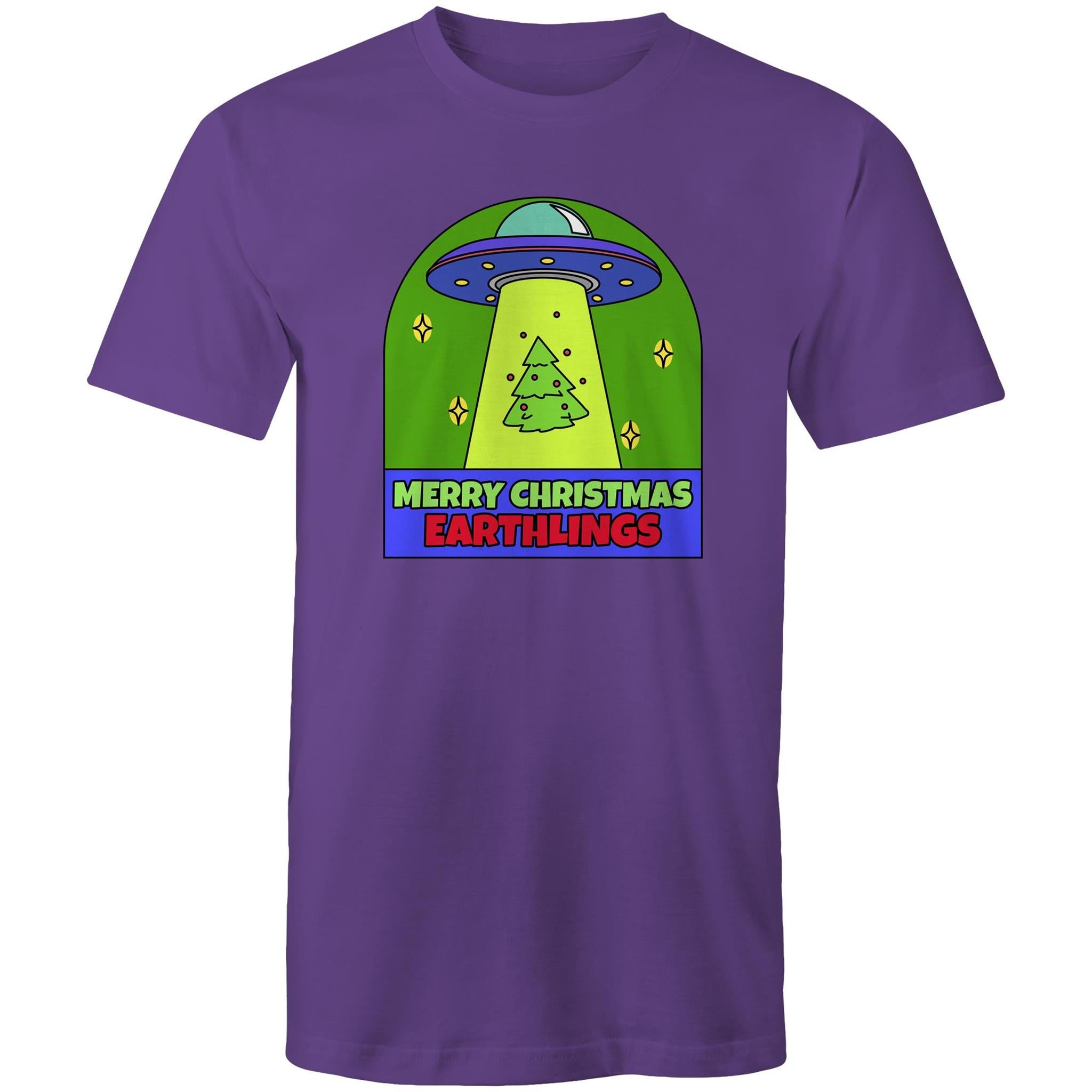 Merry Christmas Earthlings, UFO - Mens T-Shirt Purple Mens Christmas T-shirt Christmas Printed In Australia