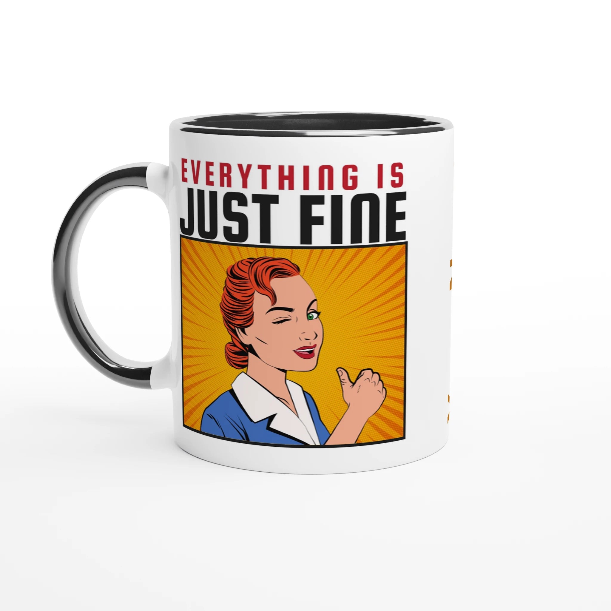 Personalised - Everything Is Just Fine - White 11oz Ceramic Mug with Colour Inside Ceramic Black Personalised 11oz Mug comic customise Globally Fulfilled personalise Retro