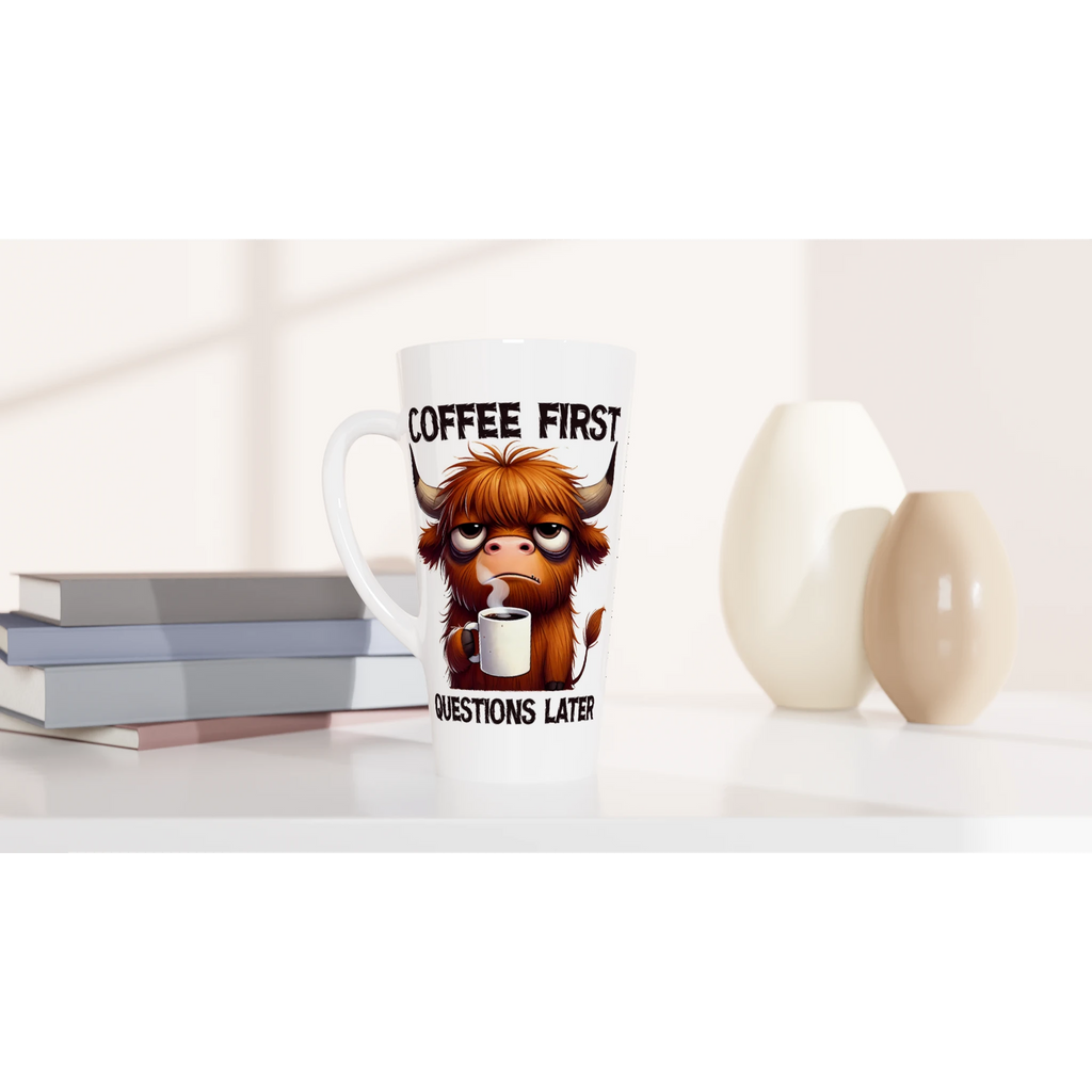 Personalise - Coffee First, Questions Later, Highland Cow - White Latte 17oz Ceramic Mug Personalised Latte Mug animal Coffee Globally Fulfilled