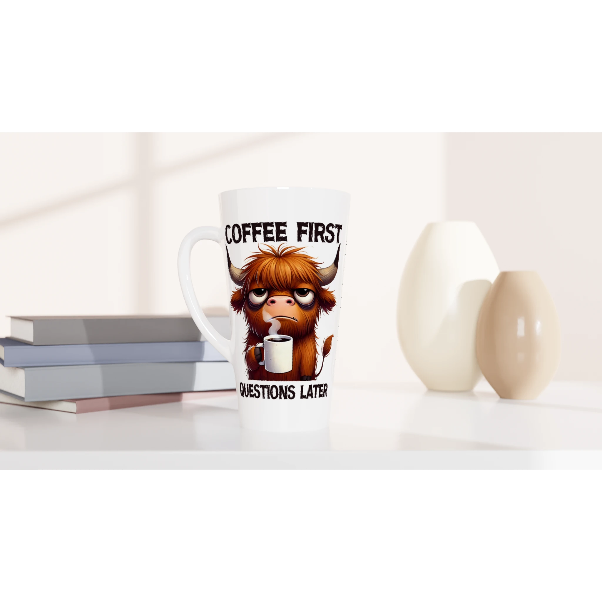 Personalise - Coffee First, Questions Later, Highland Cow - White Latte 17oz Ceramic Mug Personalised Latte Mug animal Coffee Globally Fulfilled
