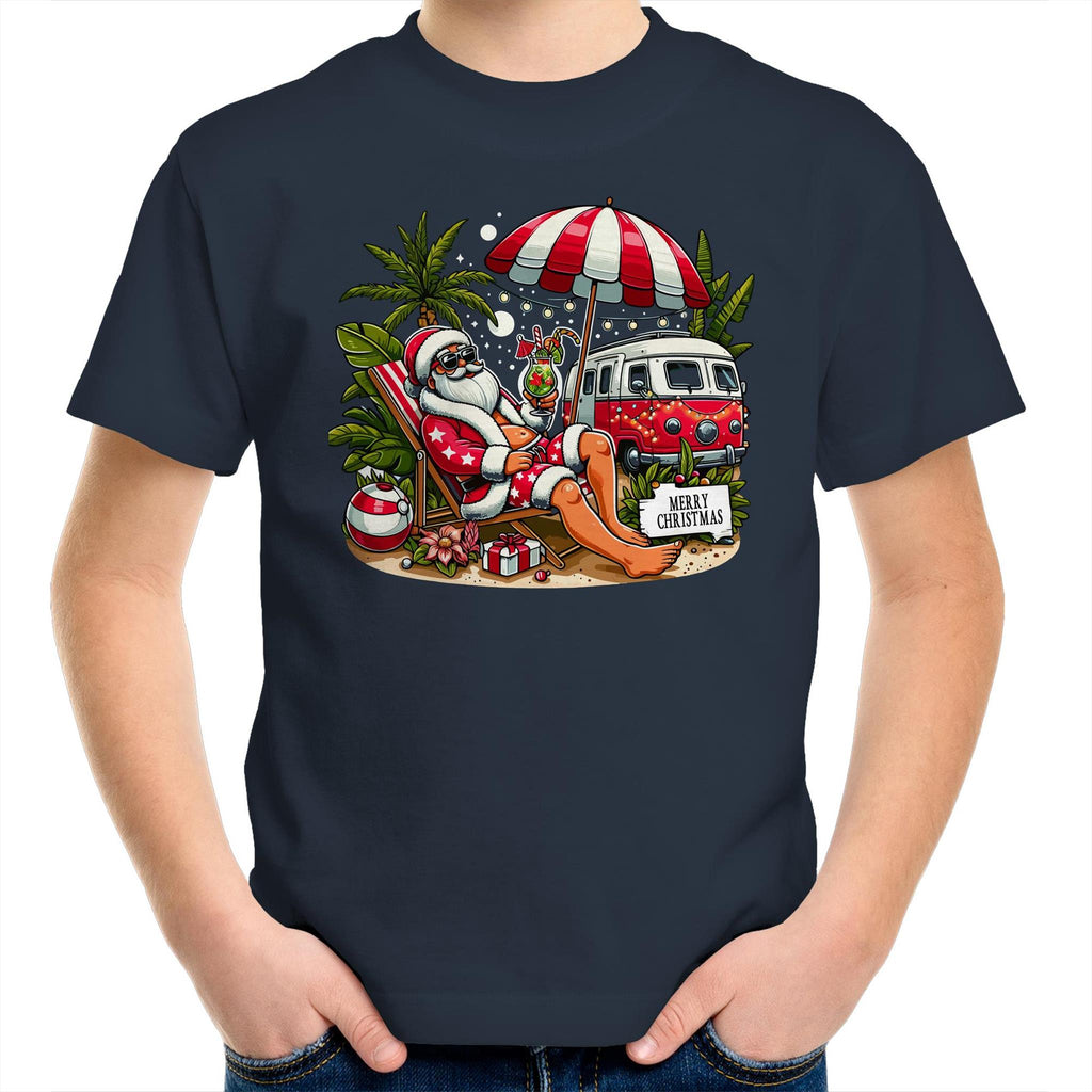 Santa By The Beach- Kids Youth T-shirt Navy Kids Christmas T-shirt Christmas Printed In Australia