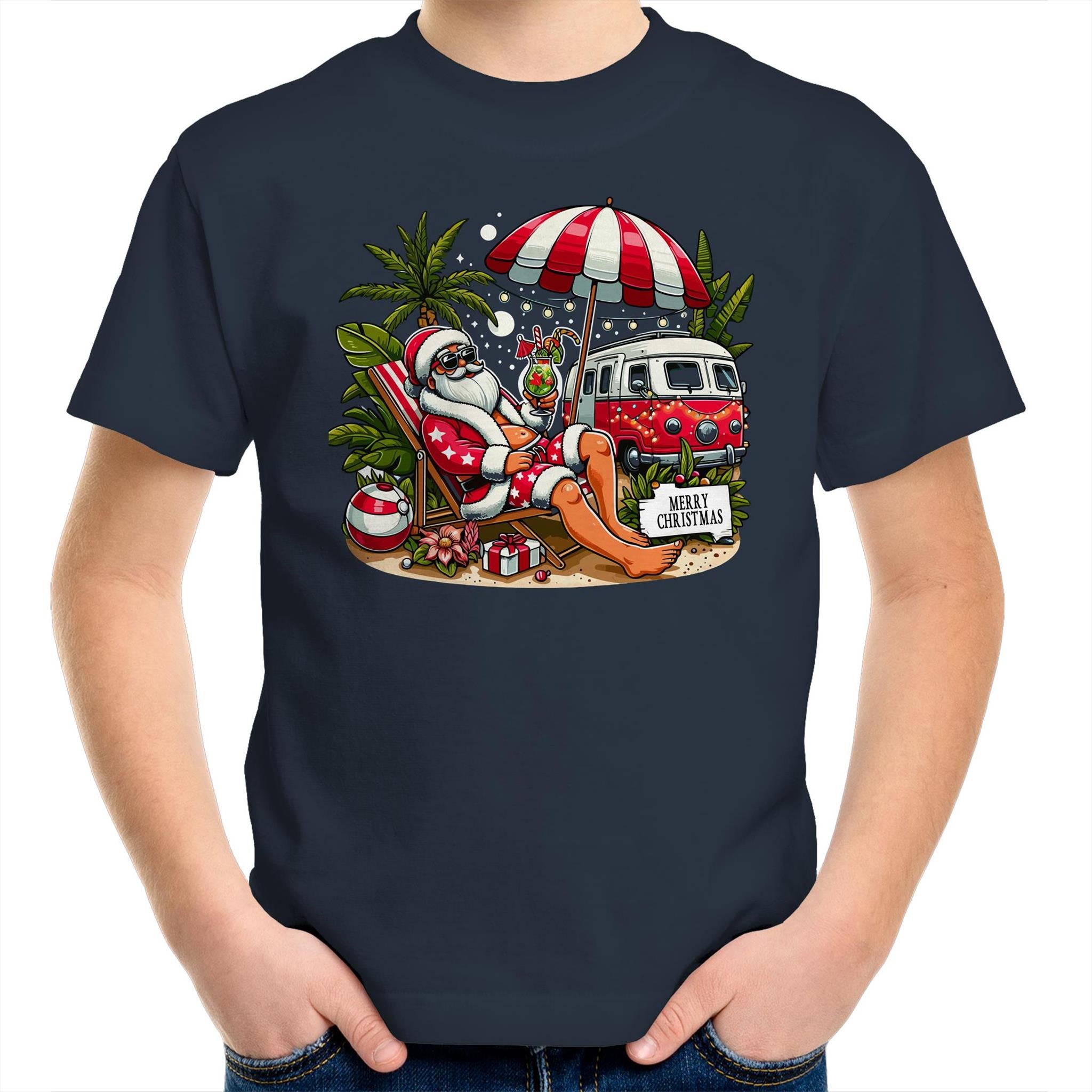 Santa By The Beach- Kids Youth T-shirt Navy Kids Christmas T-shirt Christmas Printed In Australia