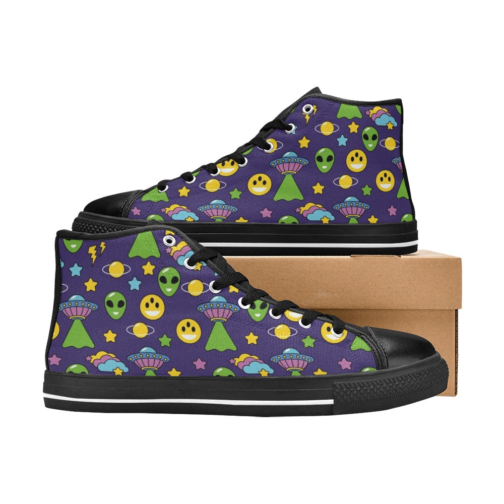 Groovy Alien And UFO Men's High Top Canvas Shoes Men's Classic High Top Canvas Shoes Printed Offshore Retro Sci Fi