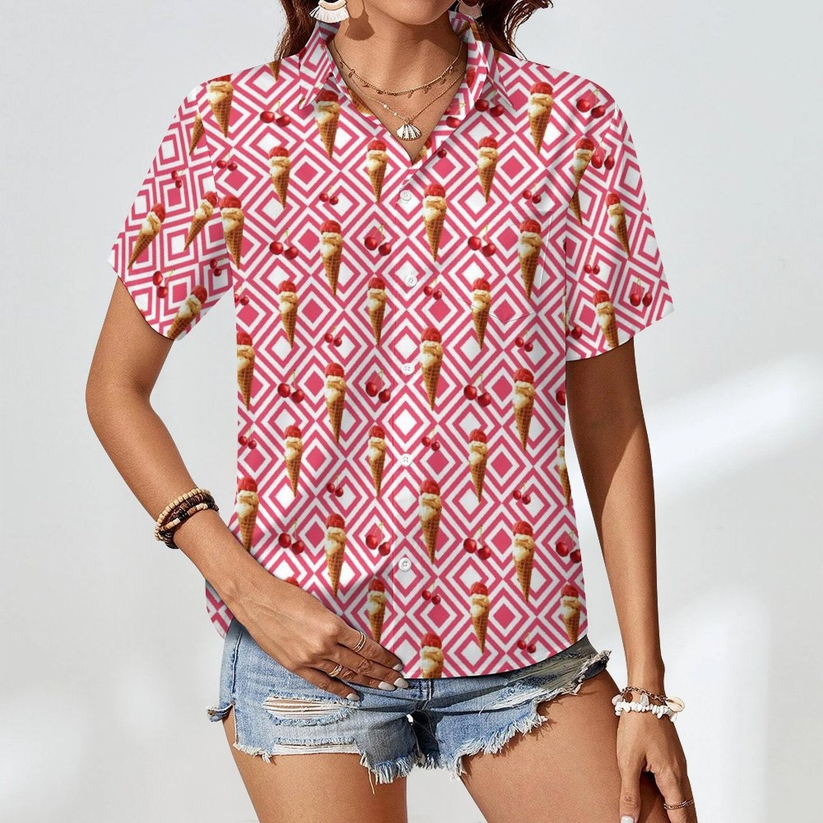 Cherry Ice Cream - Women's Short-Sleeve Button Up Shirt