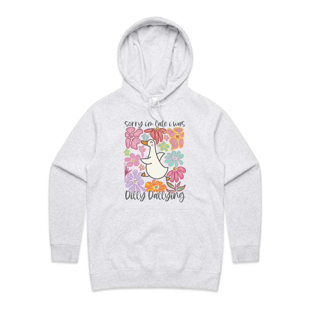 Sorry I'm Late, I Was Dilly Dallying - Womens Hoodie White Marle Womens Hoodie animal Printed In Australia
