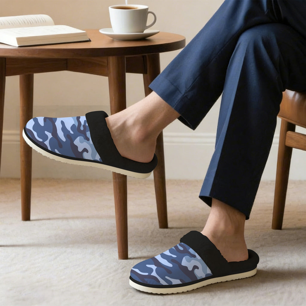 Blue Camouflage Men's Fur Trim Thick-Sole Indoor Slippers Men's Fur Trimmed Slippers Printed Offshore
