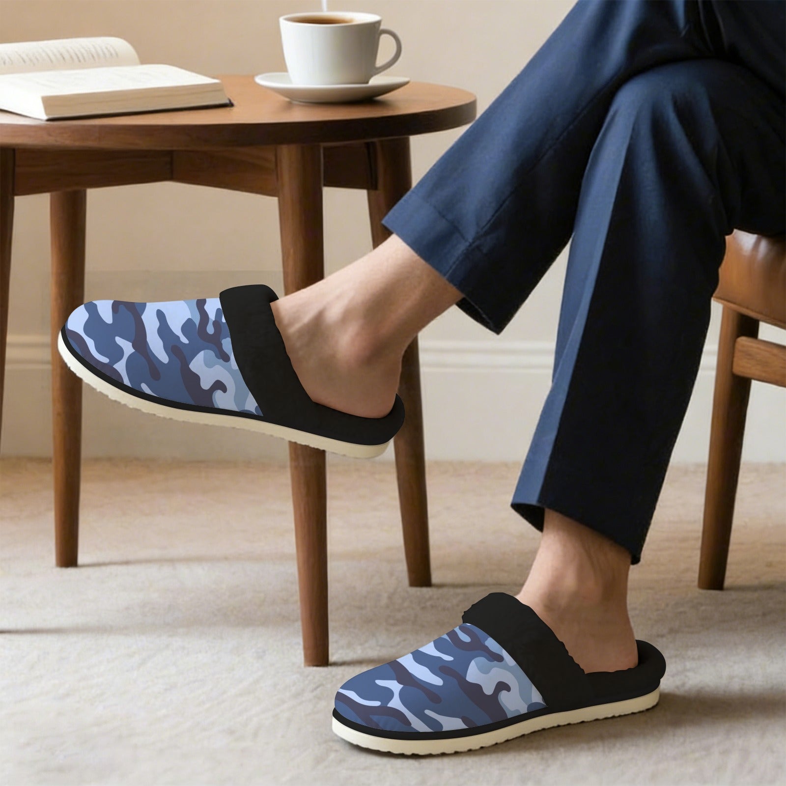 Blue Camouflage Men's Fur Trim Thick-Sole Indoor Slippers Men's Fur Trimmed Slippers Printed Offshore