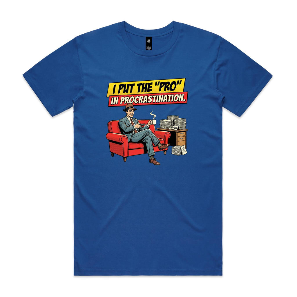 I Put The Pro In Procrastination, Retro Gentleman Men's AS Colour T-shirt Bright Royal Mens T-shirt comic Printed In Australia