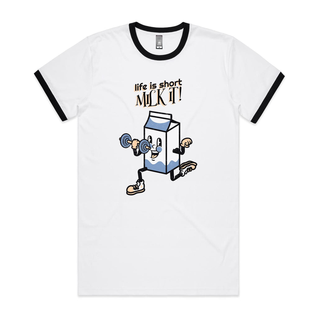 Life Is Short, Milk It - Staple Ringer Tee White Black Ringer T-Shirt Fitness Printed In Australia