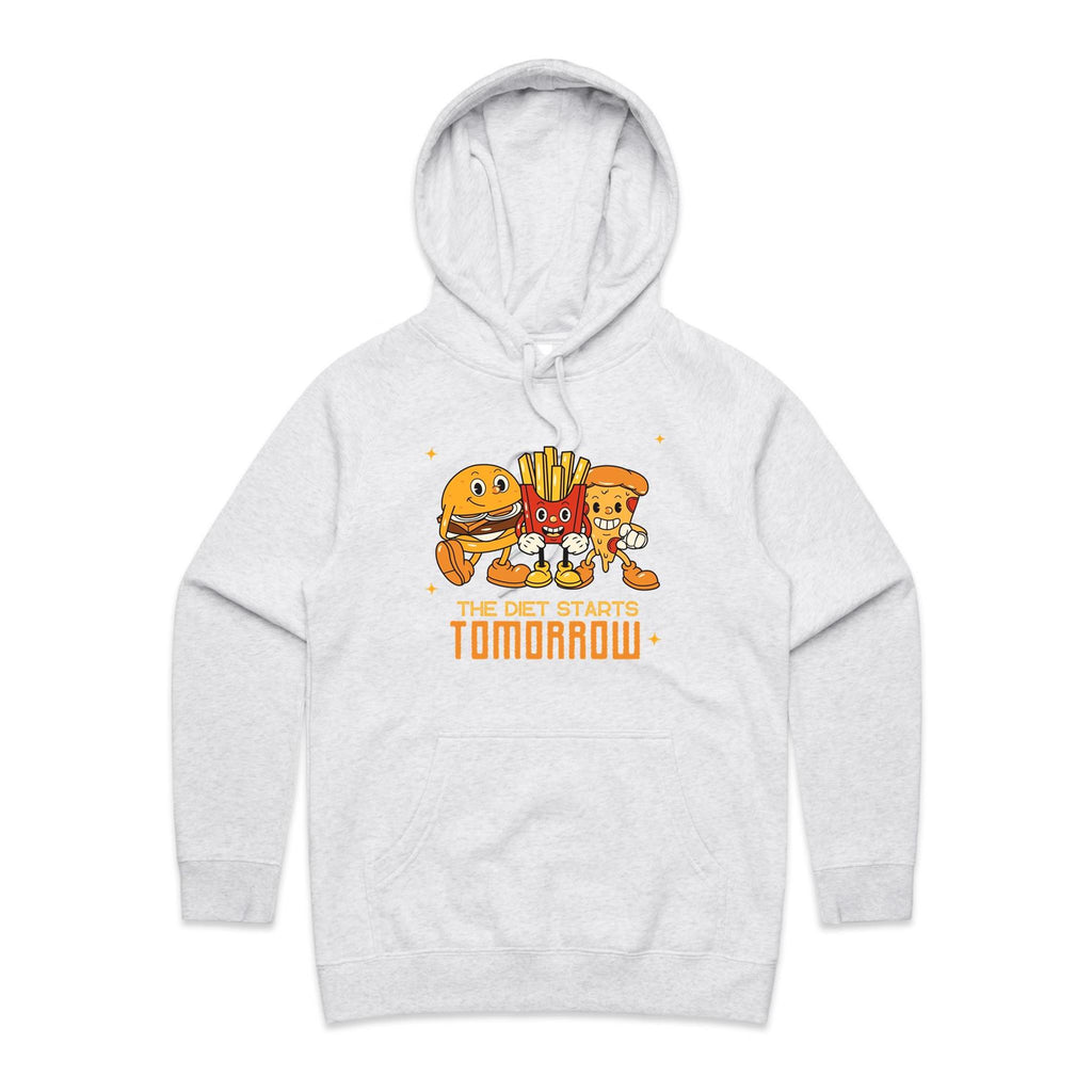 The Diet Starts Tomorrow, Hamburger, Fries, Pizza - Womens Hoodie White Marle Womens Hoodie Food Printed In Australia